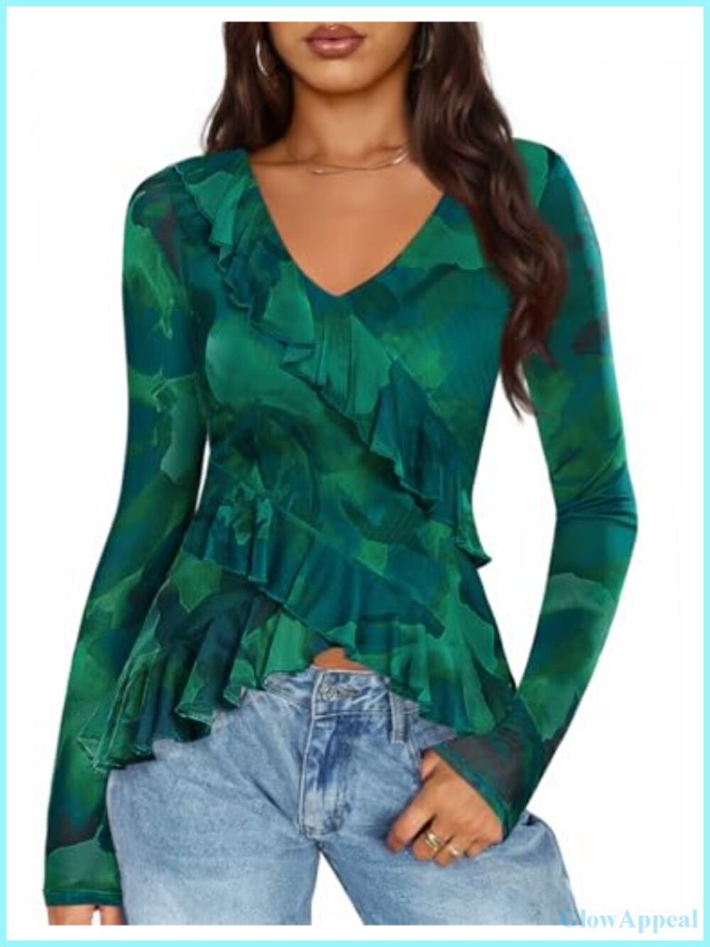 Women's Floral Ruffle Blouse Long Sleeve V-Neck Blouse